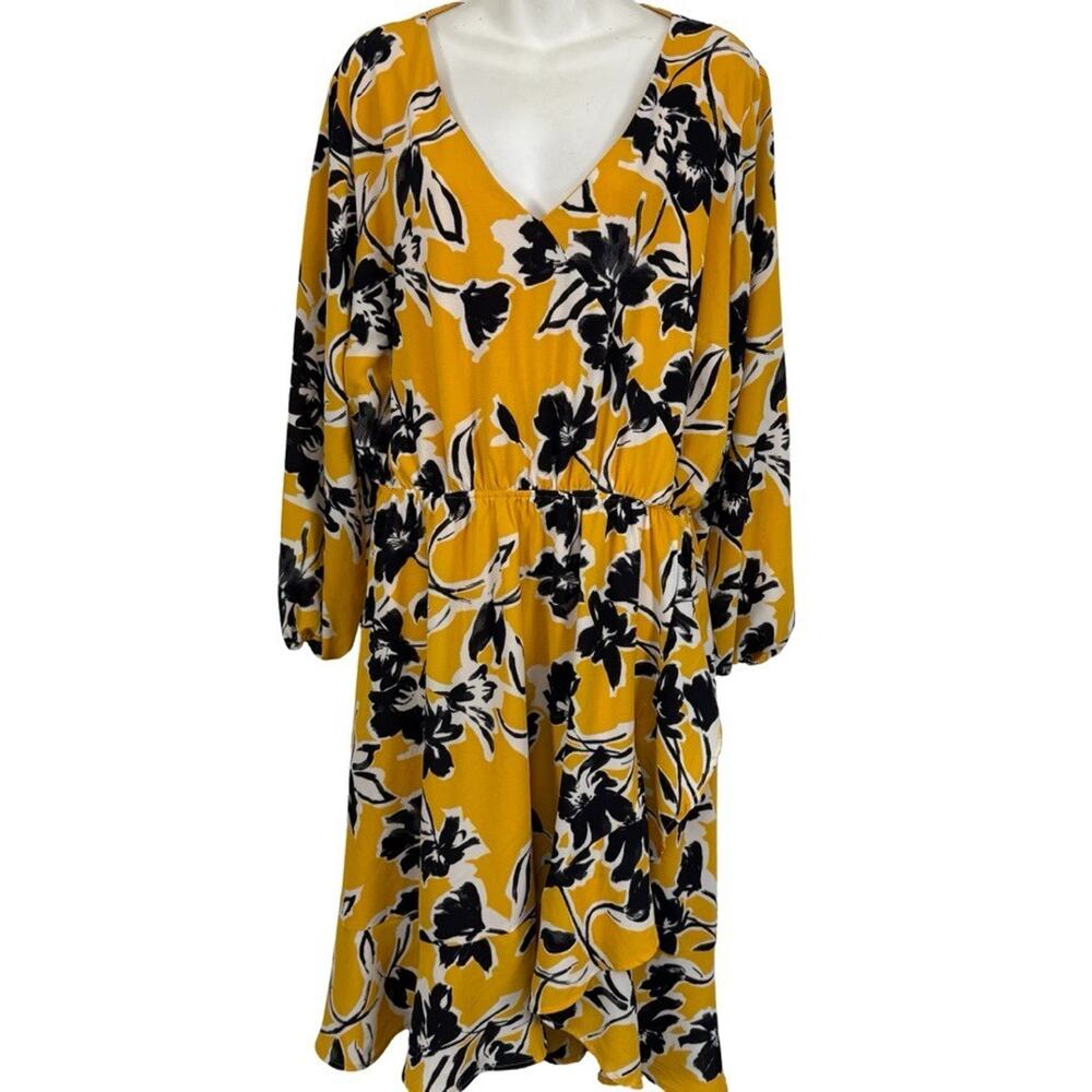 Beaticurve X Lane Bryant Yellow Floral V-Neck Blouson Long Sleeve Dress 22 / 24